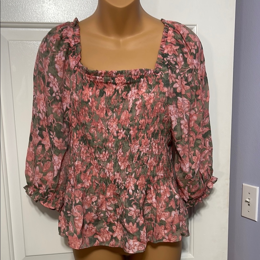 American Eagle Pink and Black Puff Sleeve Smocked Blouse